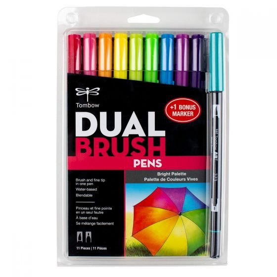 Dual Brush Pen Art Markers, Bright, 10-Pack + Free Dual Brush Pen