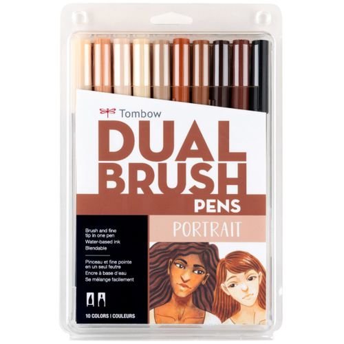 Dual Brush Pen Art Markers, Portrait, 10-Pack + Free Fudenosuke Brush Pen