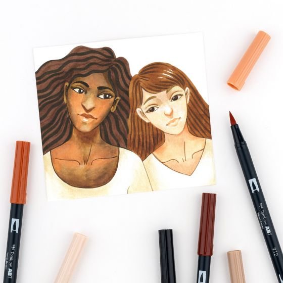 Dual Brush Pen Art Markers, Portrait, 10-Pack + Free Fudenosuke Brush Pen